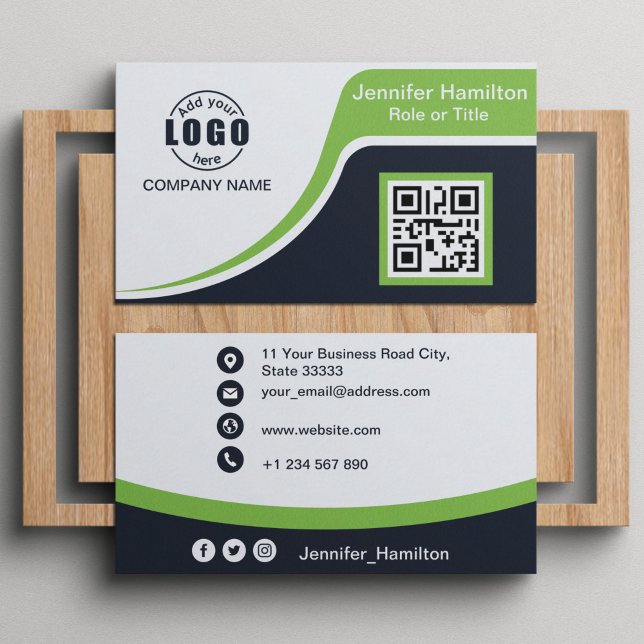 Professional Black Green add your Logo QR Code Business Card (Creator Uploaded)