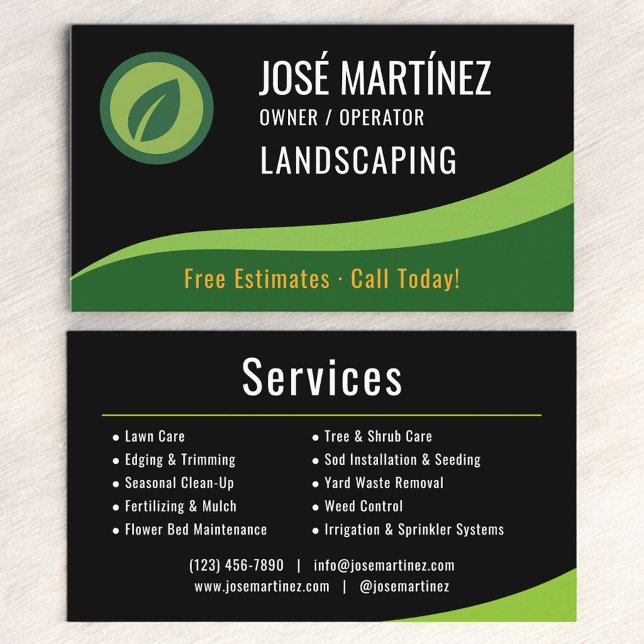 Professional Black Green Landscaping Lawn Care Business Card (Creator Uploaded)
