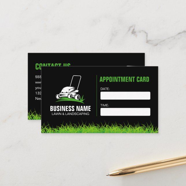 Professional Black Green Lawn Care & Landscaping Appointment Card (Front/Back In Situ)