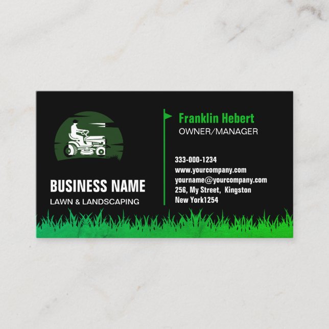 Professional Black Green Lawn Care & Landscaping B Business Card (Front)
