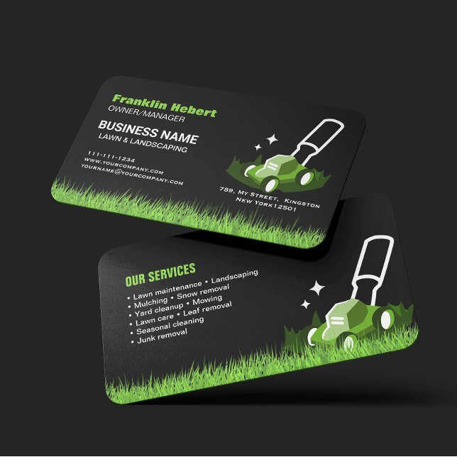 Professional Black Green Lawn Care & Landscaping Business Card (Creator Uploaded)