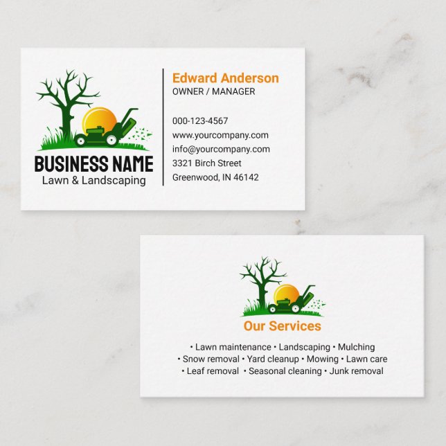 Professional Black Green Lawn Care Landscaping Business Card (Front/Back)