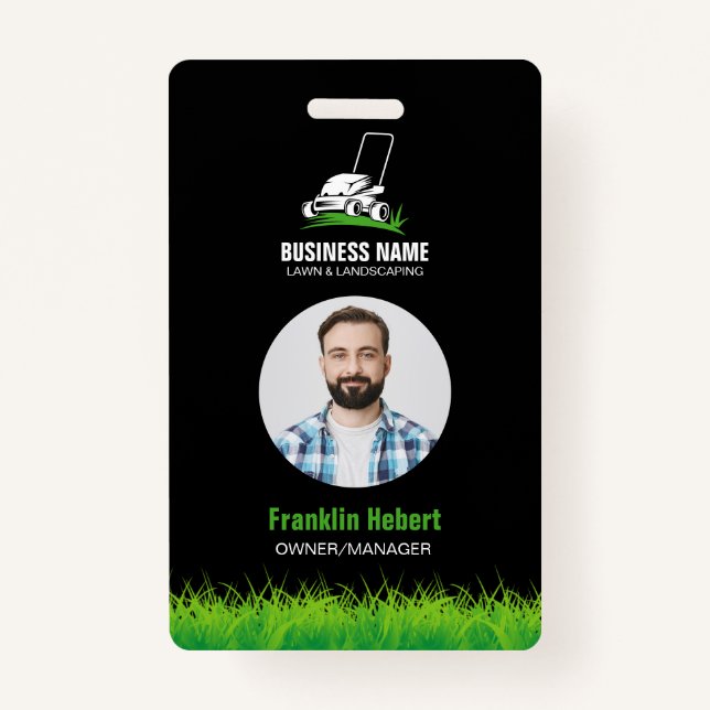 Professional Black Green Lawn Care & Landscaping ID Badge (Front)