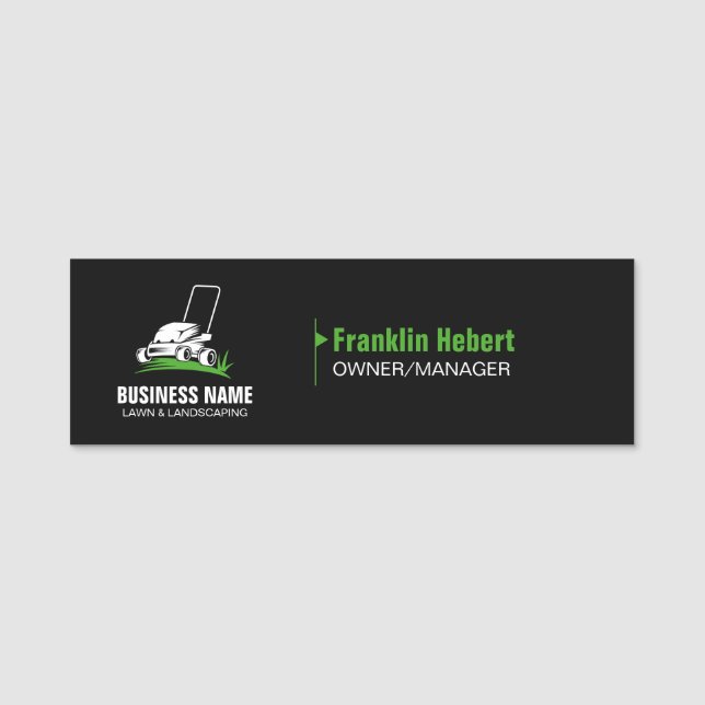 Professional Black Green Lawn Care & Landscaping Name Tag (Front)