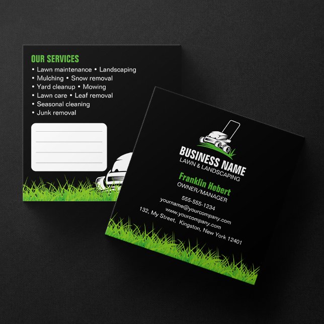 Professional Black Green Lawn Care & Landscaping Square Business Card (Creator Uploaded)