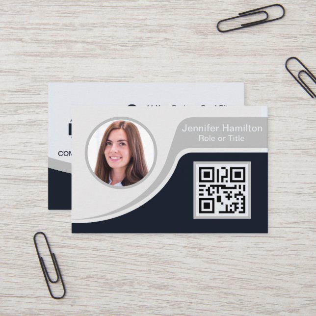 Professional Black Grey add your Logo QR Business Card (Front/Back In Situ)