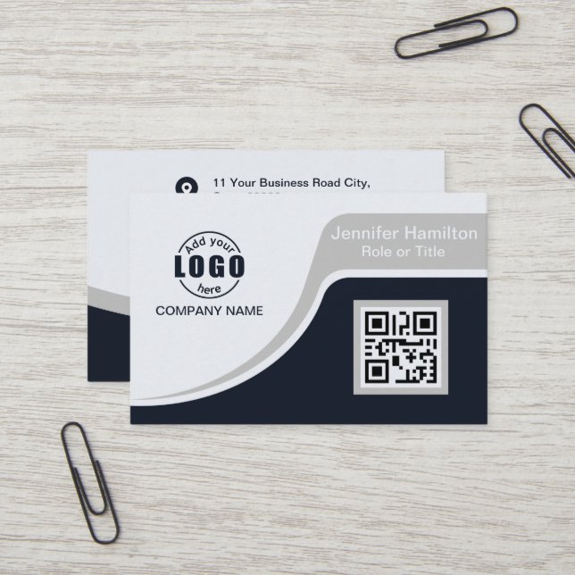 Professional Black Grey add your Logo QR Code Busi Business Card (Front/Back In Situ)