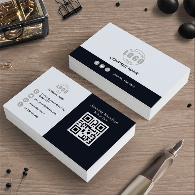 Professional Black Grey add your Logo QR Code Business Card (Creator Uploaded)