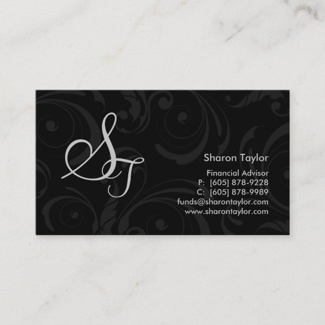 Professional Black & Grey Business Card Swirls (Front)