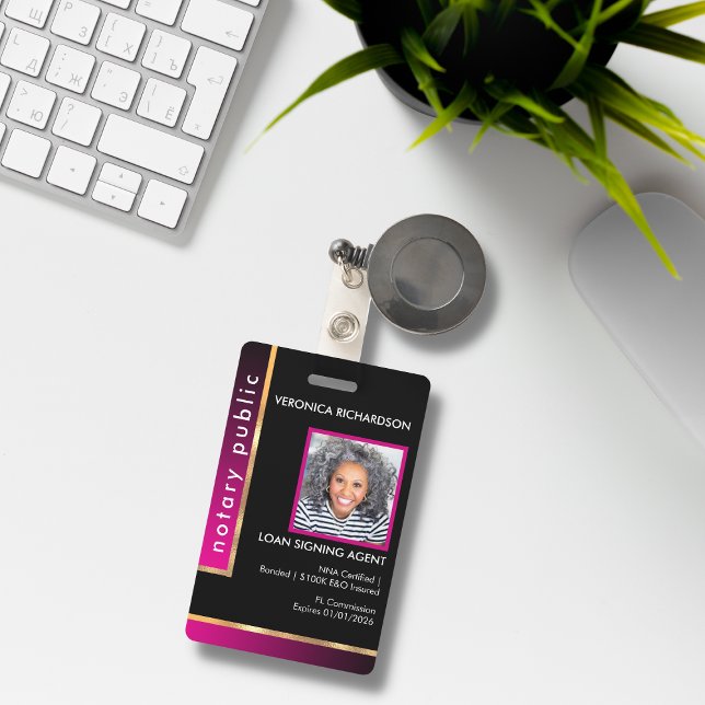 Professional Black & Hot Pink Notary Photo Badge ID Badge (Creator Uploaded)