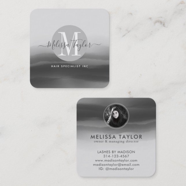 Professional Black Ink Abstract Signature Photo Square Business Card (Front/Back)