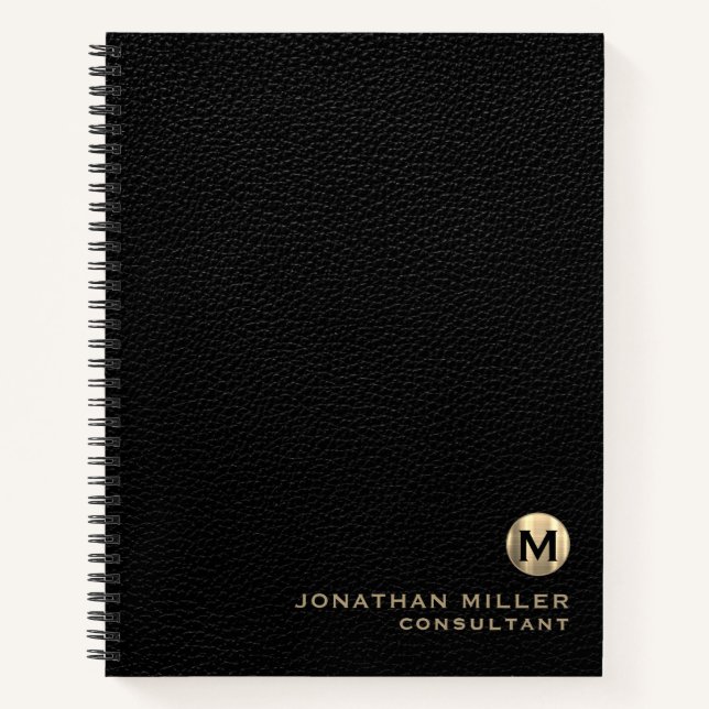 Professional Black Leather Gold Monogram Notebook (Front)