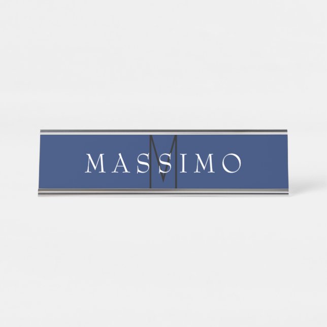 Professional Black Monogram Blue Your Name Desk Name Plate (Front)
