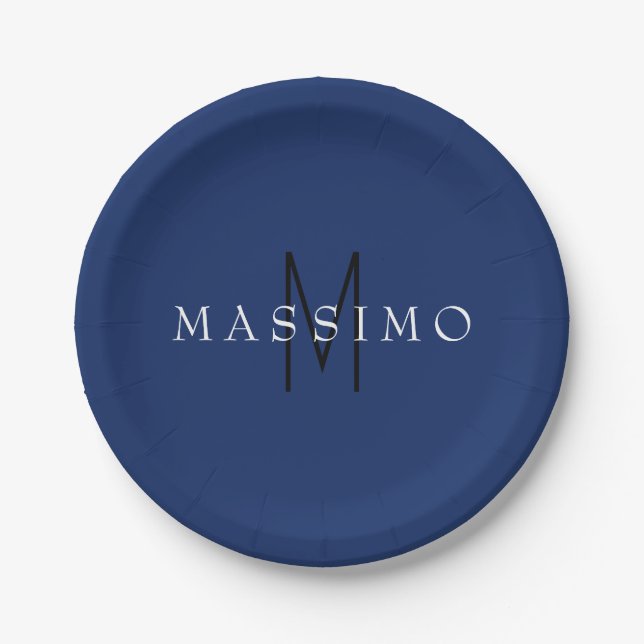 Professional Black Monogram Blue Your Name Paper Plate (Front)