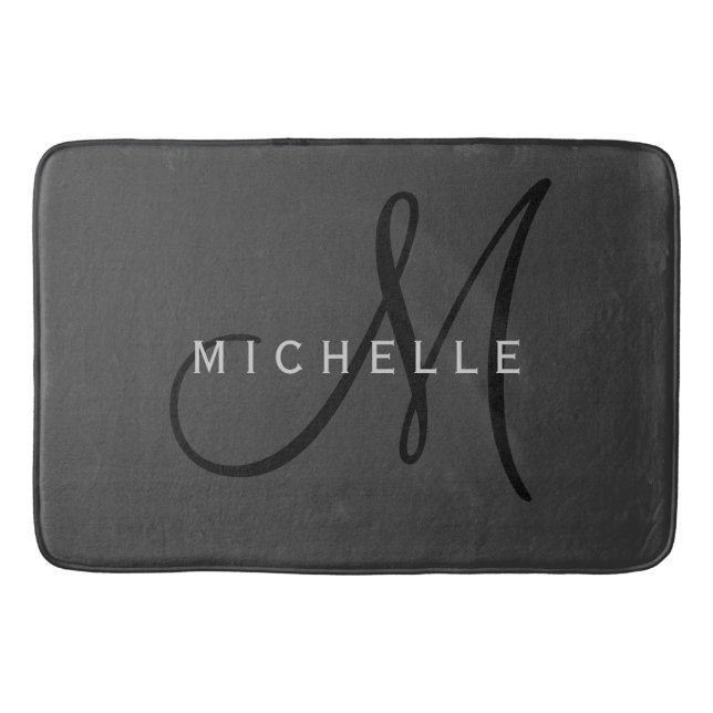 Professional Black Monogram Grey Your Name Bath Mat (Front)