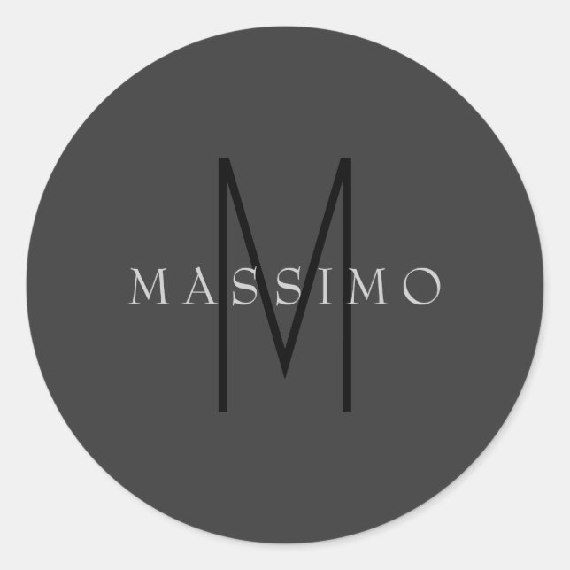 Professional Black Monogram Grey Your Name Classic Round Sticker (Front)