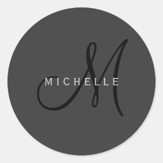 Professional Black Monogram Grey Your Name Classic Round Sticker