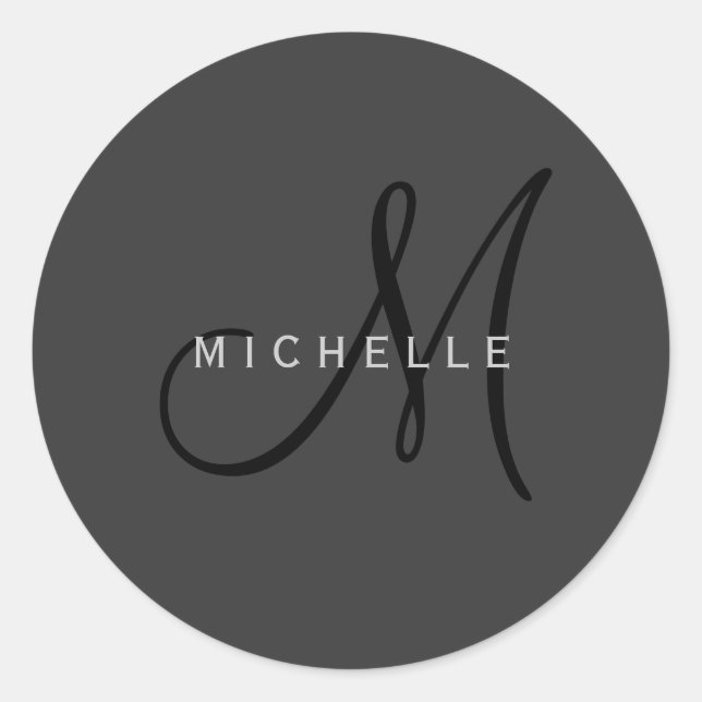 Professional Black Monogram Grey Your Name Classic Round Sticker (Front)