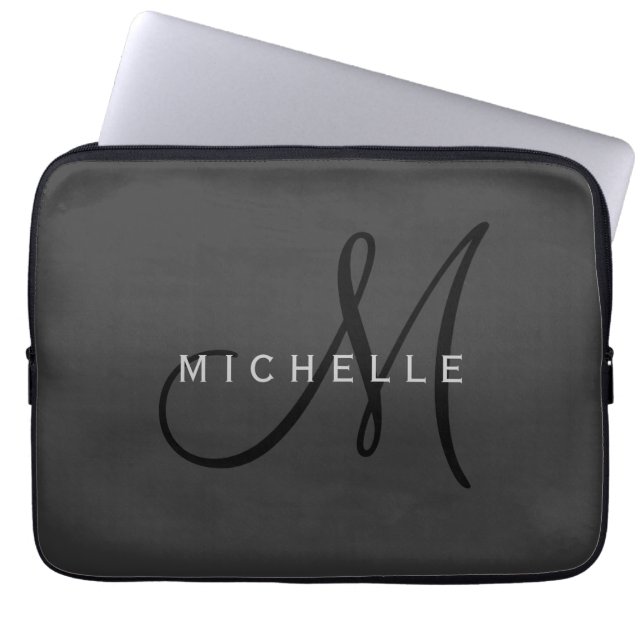 Professional Black Monogram Grey Your Name Laptop Sleeve (Front)