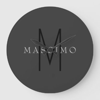 Professional Black Monogram Grey Your Name Large Clock