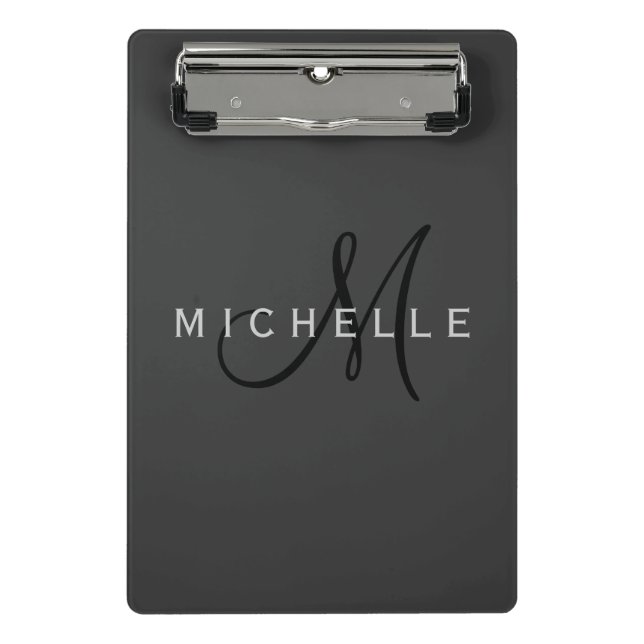 Professional Black Monogram Grey Your Name Mini Clipboard (Front)