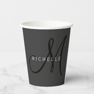 Professional Black Monogram Grey Your Name Paper Cups