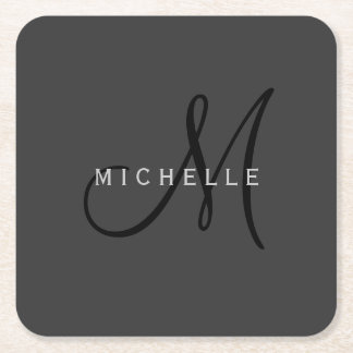 Professional Black Monogram Grey Your Name Square Paper Coaster