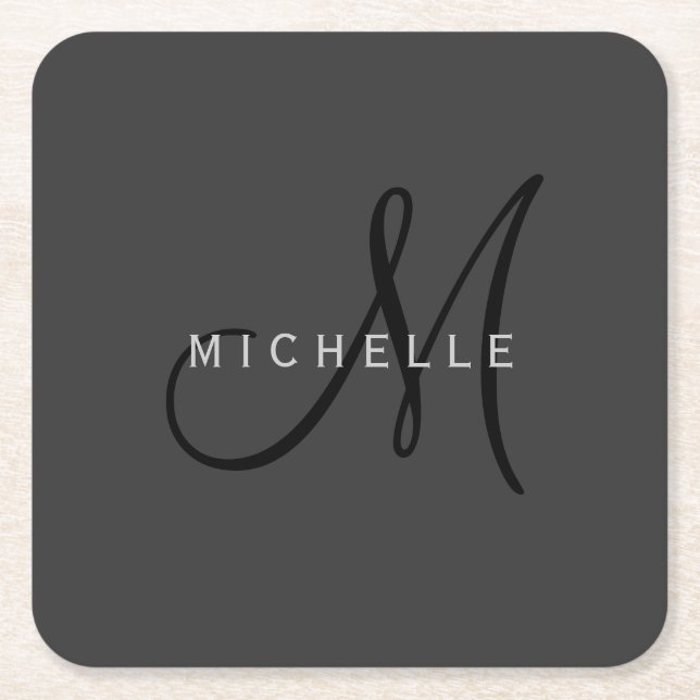 Professional Black Monogram Grey Your Name Square Paper Coaster (Front)