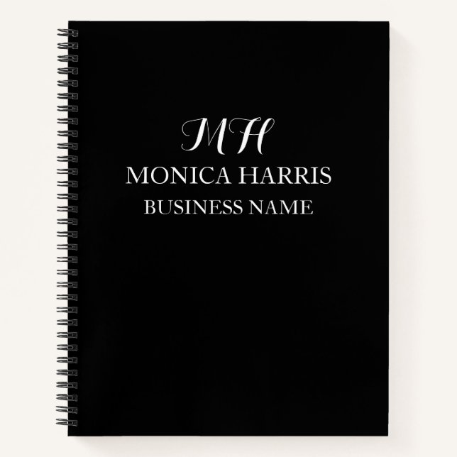 Professional Black Monogram Initial Business Notebook (Front)