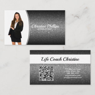 Professional Black Ombre Glitter Custom Photo QR Business Card