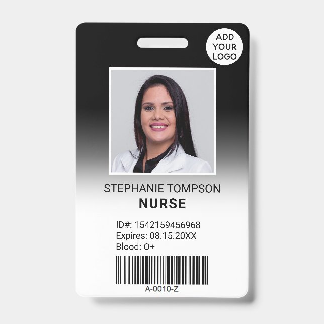Professional black ombre nurse photo logo code ID badge (Front)