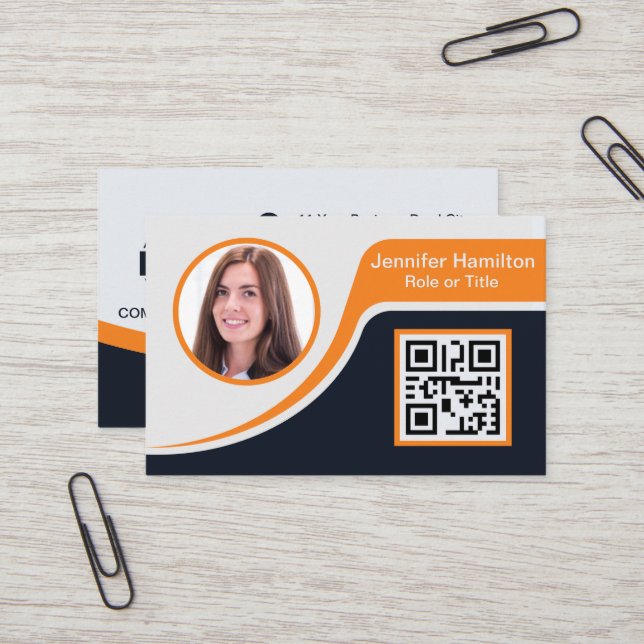 Professional Black Orange add your Logo QR Business Card (Front/Back In Situ)