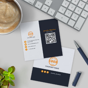 Professional Black Orange add your Logo QR Code Square Business Card