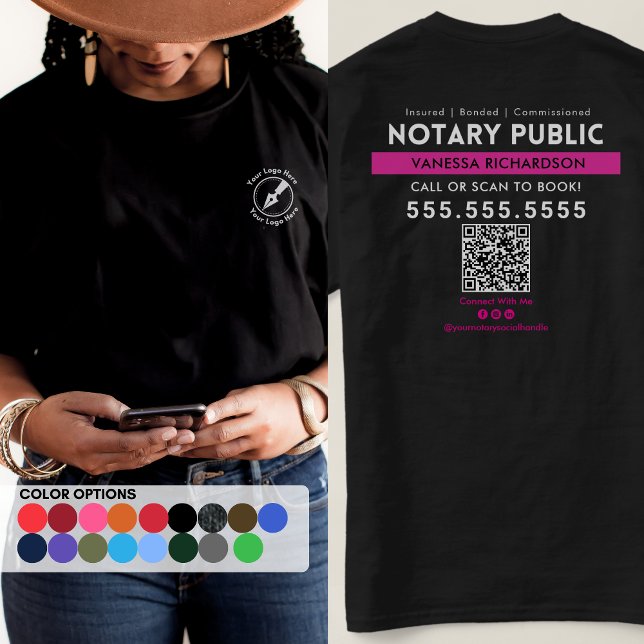 Professional Black Pink Notary Public Logo QR Code T-Shirt (Creator Uploaded)