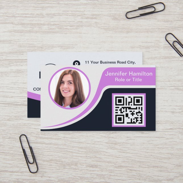 Professional Black Purple add your Logo QR Busines Business Card (Front/Back In Situ)