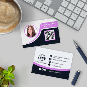 Professional Black Purple add your Logo QR Business Card