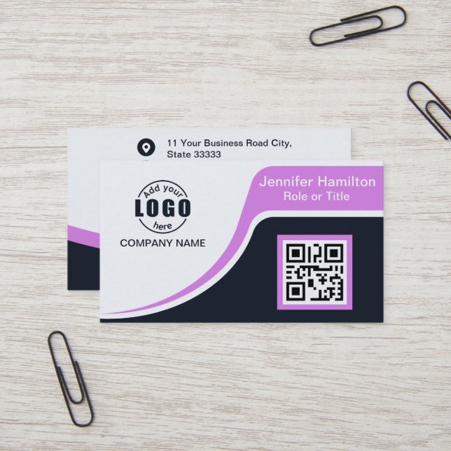 Professional Black Purple add your Logo QR Code Bu Business Card (Front/Back In Situ)