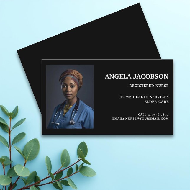 Professional Black Registered Nurse Photo Business Business Card (Creator Uploaded)