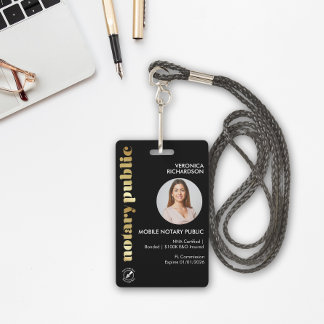 Professional Black Retro Gold Notary Round Photo ID Badge