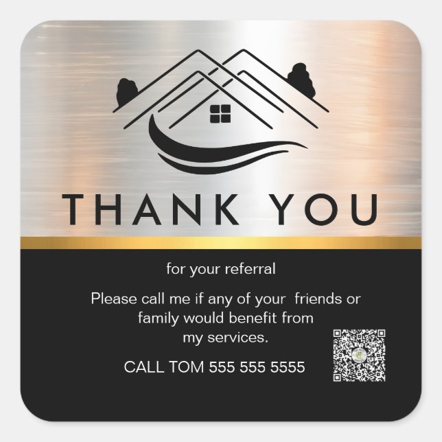 Professional black & Sliver Real Estate Thank You  Square Sticker (Front)