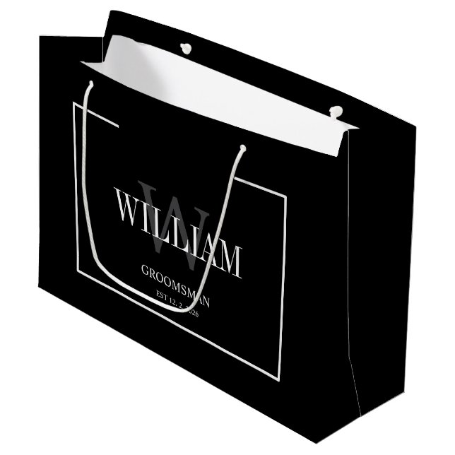 Professional Black &white Groomsmen Minimalist  Large Gift Bag (Front Angled)