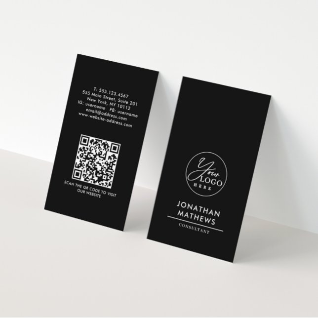 Professional Black White Logo QR Code Business Card (Creator Uploaded)