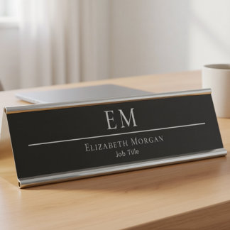 Professional Black White Modern Minimal Monogram Desk Name Plate