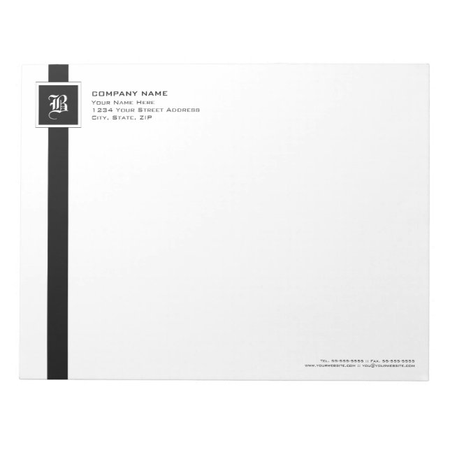 Professional Black & White Stripe Monogram Notepad (Front)