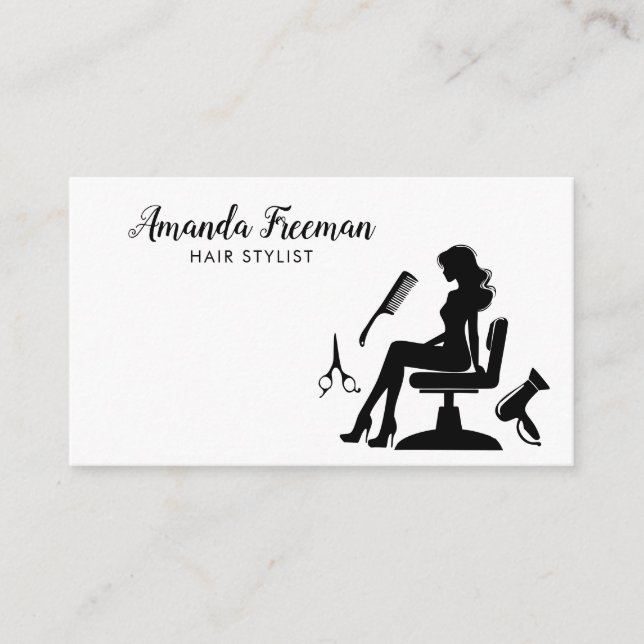 Professional Black & White Woman Hairdresser Business Card (Front)