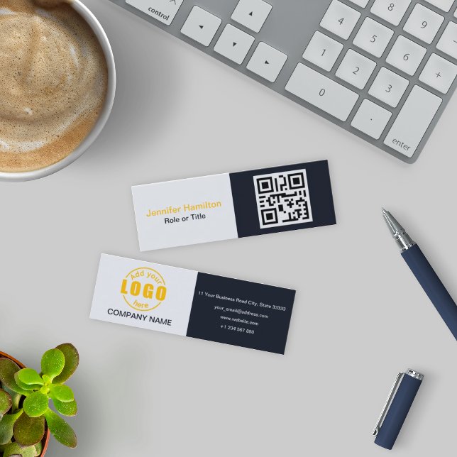 Professional Black Yellow add your Logo QR Code Mini Business Card (Creator Uploaded)