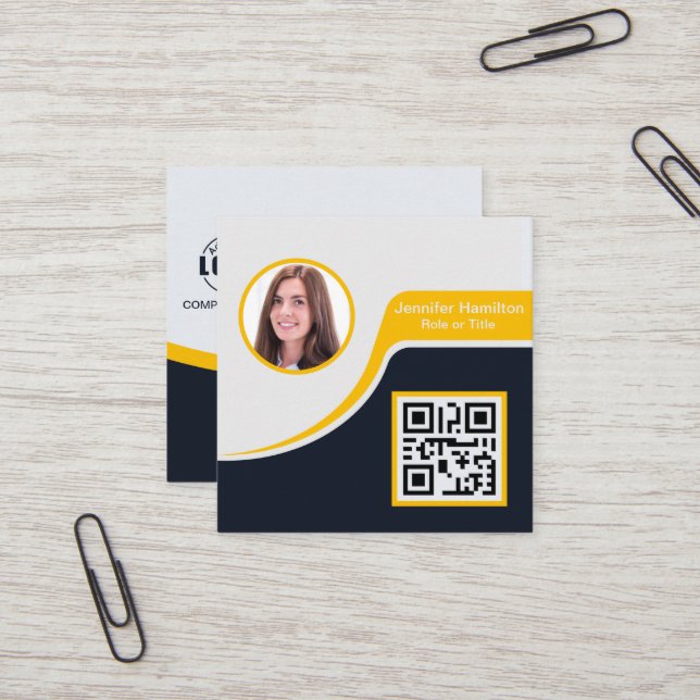 Professional Black Yellow add your Logo QR Code Square Business Card (Front/Back In Situ)