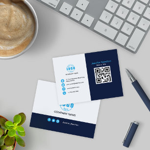 Professional Blue add your Logo QR Code Business Card
