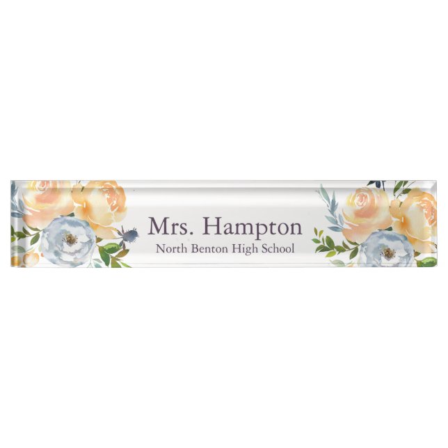 Professional Blue and Yellow Floral Teacher Nameplate (Front)