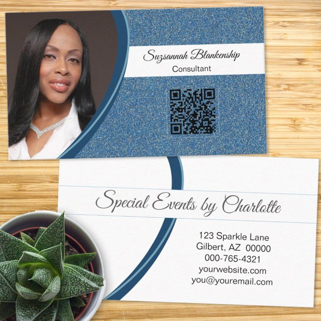 Professional Blue Glitter Custom Photo QR Code Business Card (Creator Uploaded)